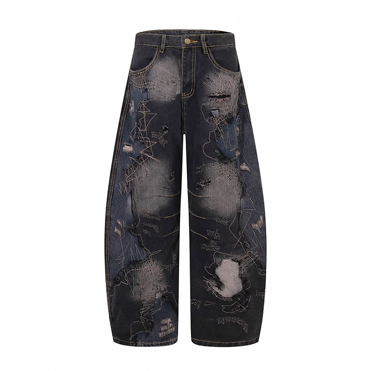 Raw Black Low Hem Rise Distressed Holes Wide-leg Jeans