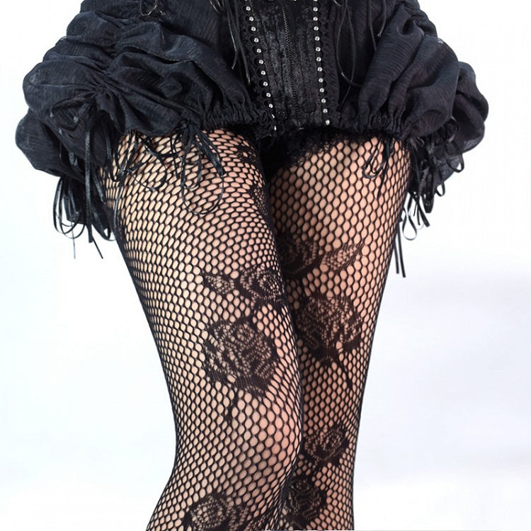 Black Gothic Rosette Floral Pattern Fishnet Tights