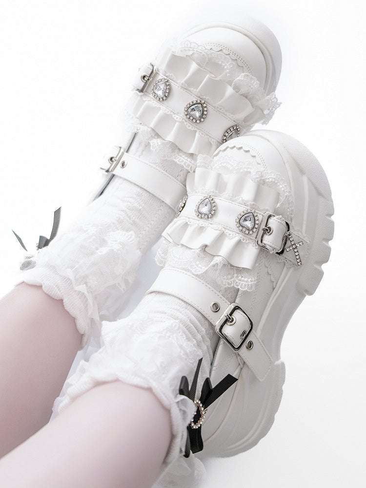 Platforms Heart Cross Rhinestone White Ruffles Charm Details Trim Bittersweet