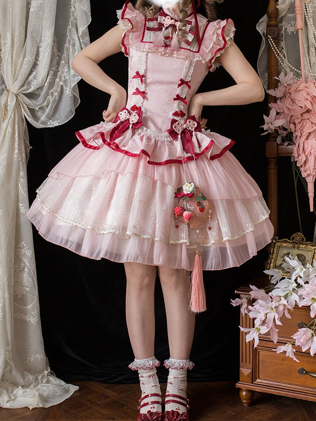 Qi Lolita Frog Button Cheongsam Collar Dress Details Style Tassel Pink