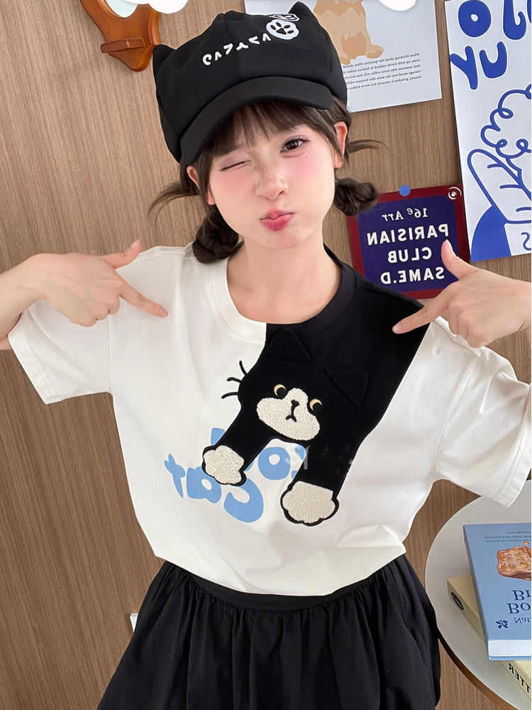White Round Neck Cute Cat Print T-Shirt Loose