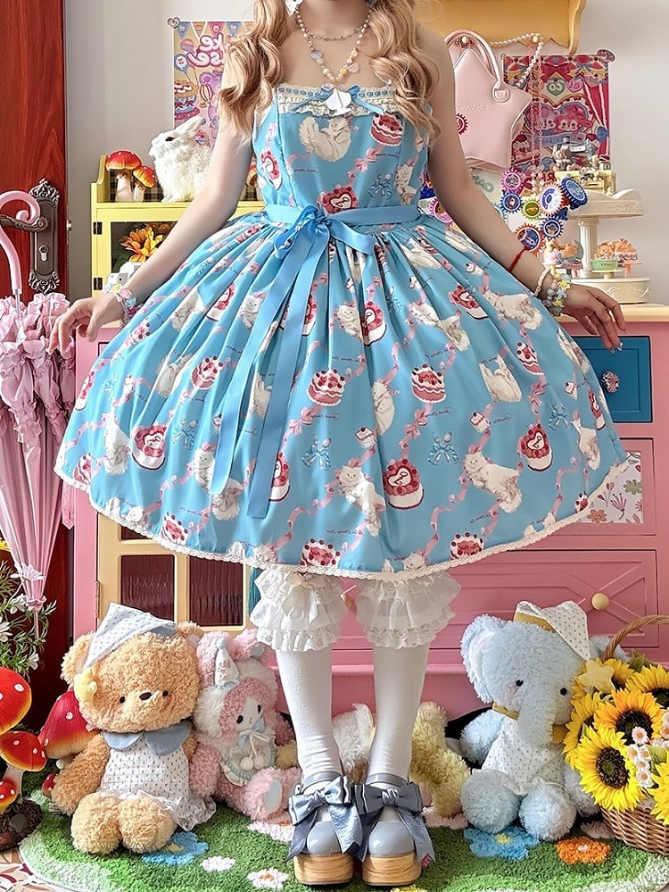 Dress Print Skirt Cute Lolita Jumper Showa Fluffy Kitty Blue Sweet