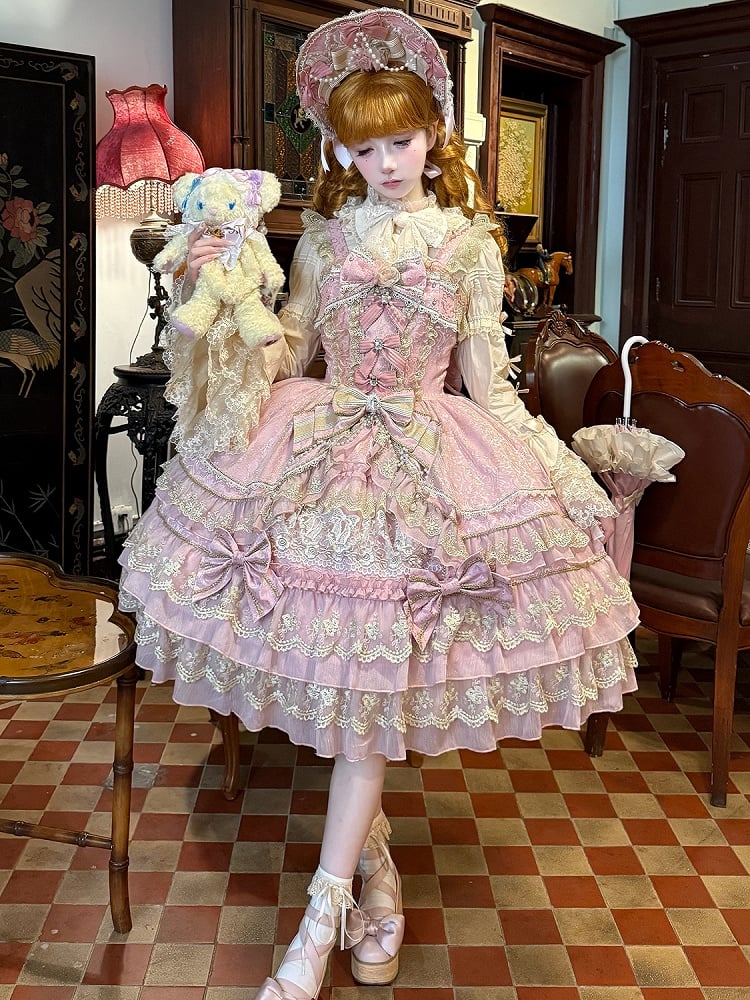 Bow Chain Bead Neckline Pink Lolita Dress Princess Flower Gorgeous