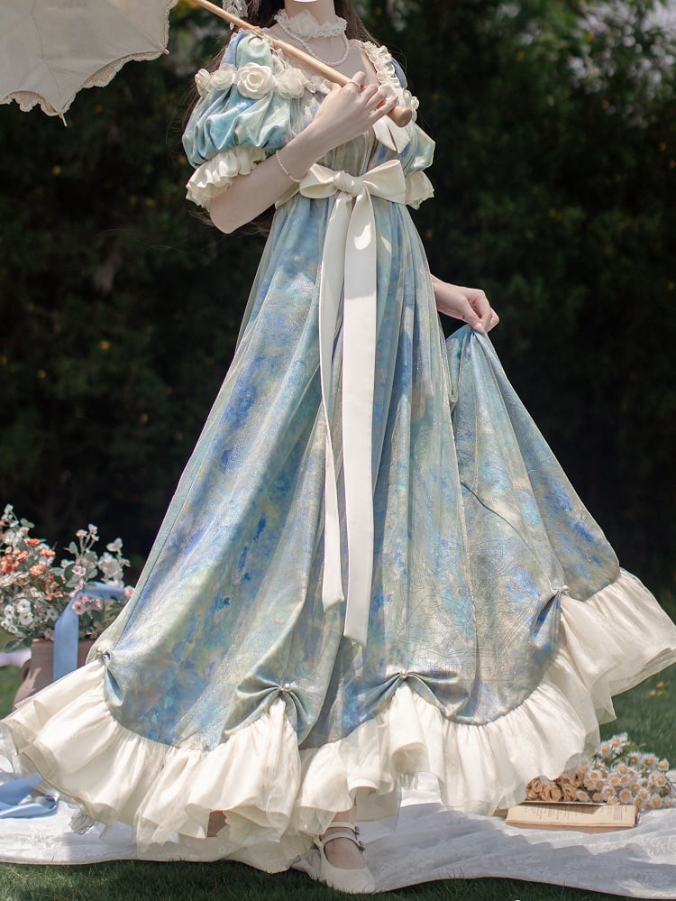Piece Lolita Maxi One Dress Waist Elegant Classic Painting Blue Empire Oil Print