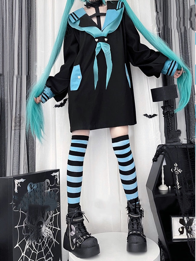 Style Landmine Black Futuristic Sailor Collar Cross Halter Neck Long Top with Contrast Green