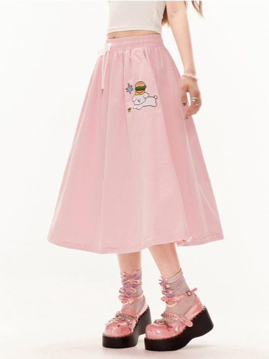Skirt A-line Pink Drawstring Waist Cute Puppy Embroidery