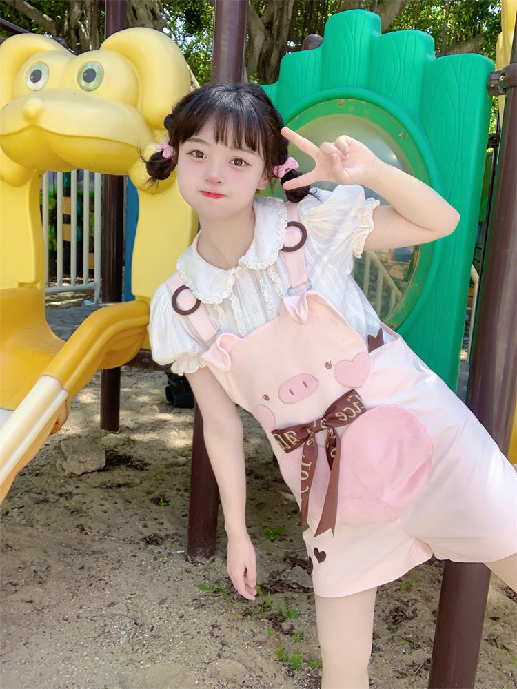 Adorable Piggy Pattern Bubble Shorts Overalls Pink