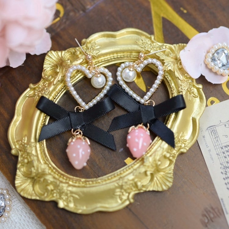 Jirai Kei Beaded Heart Bowknot Strawberry Charm Ear Clips