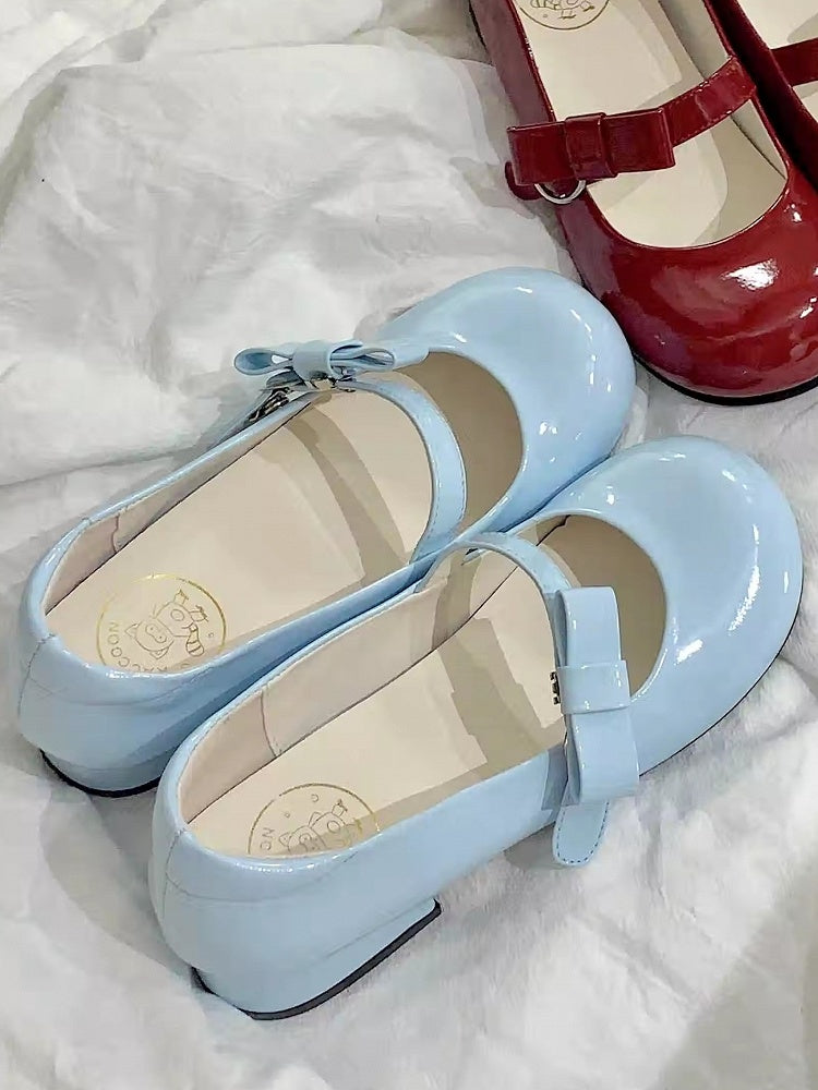 Design Sweet PU Janes Snap-Attached Lolita Bow in Blue Mary Low-heel Decor