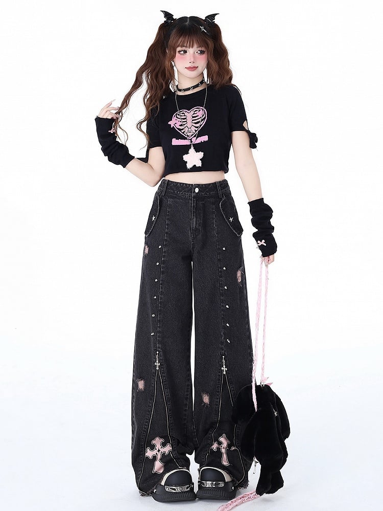 Waist Black Detail Jeans Punk Design Studs Zips High