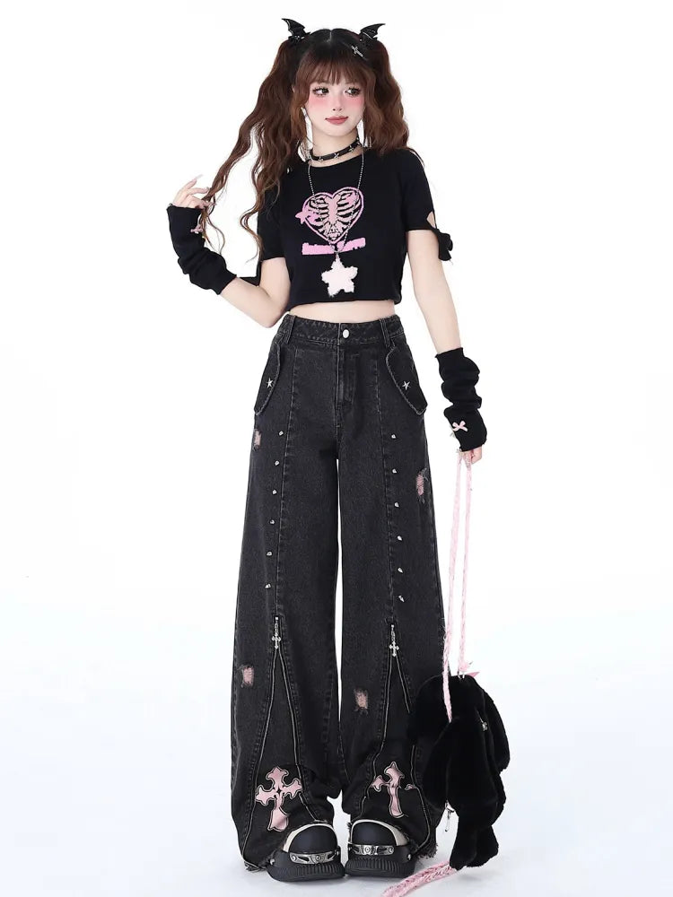 Studs High Waist Black Detail Punk Jeans Zips Design