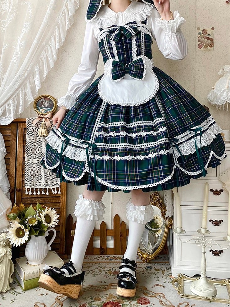 Accents Skirt Jumper Trim Plaid Bow Scalloped Sweet Edge Green with Lolita