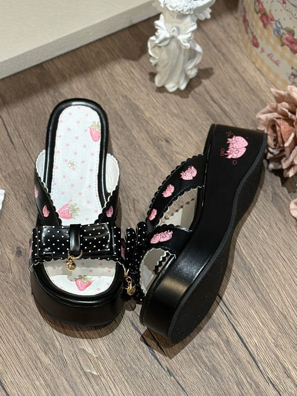 Platform Strawberry Top Black Print Slippers Bow Lolita Wa at