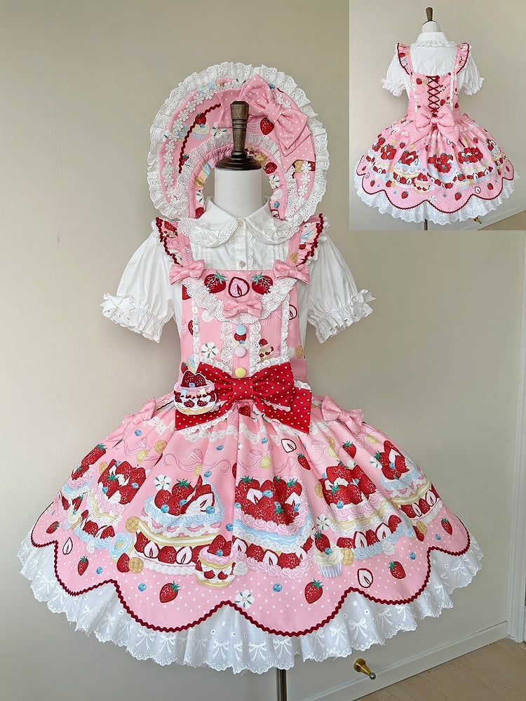 and Sweet Dessert Overall Pink Lolita Strawberry Dress Print