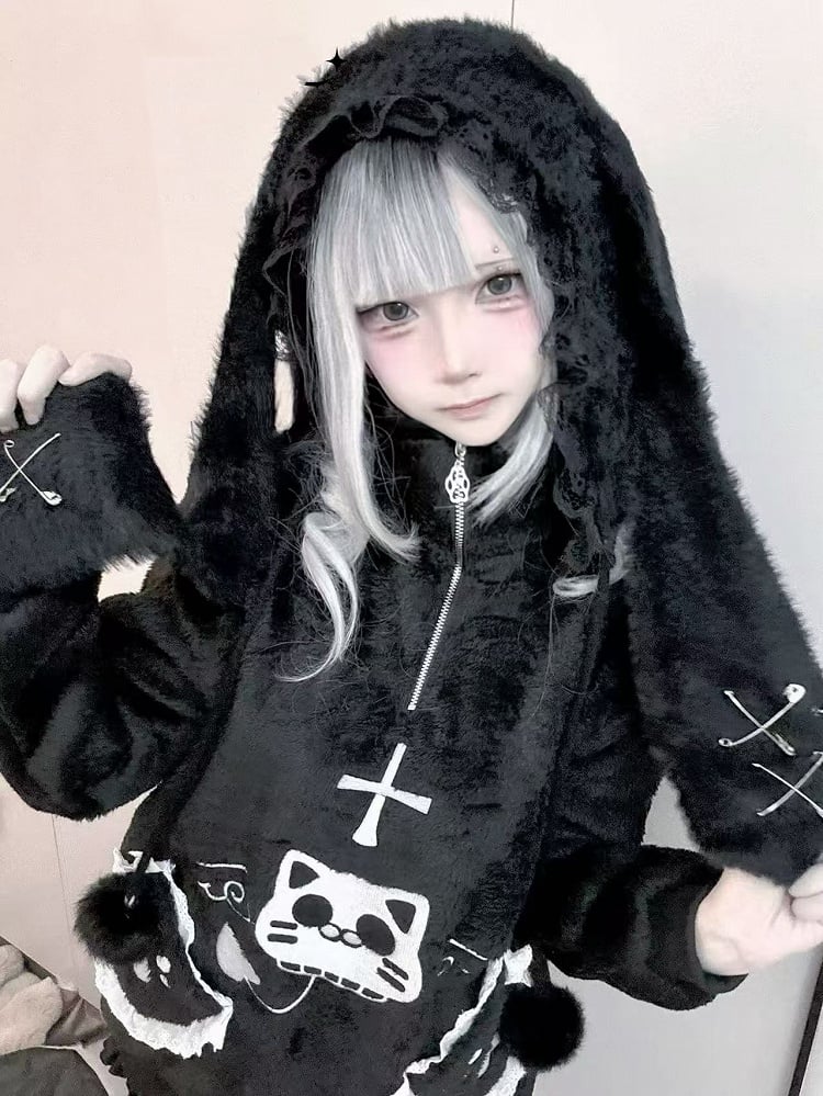 Black Bunny Ears Plush Hat with Self-tie Pompon Straps and Pin Details