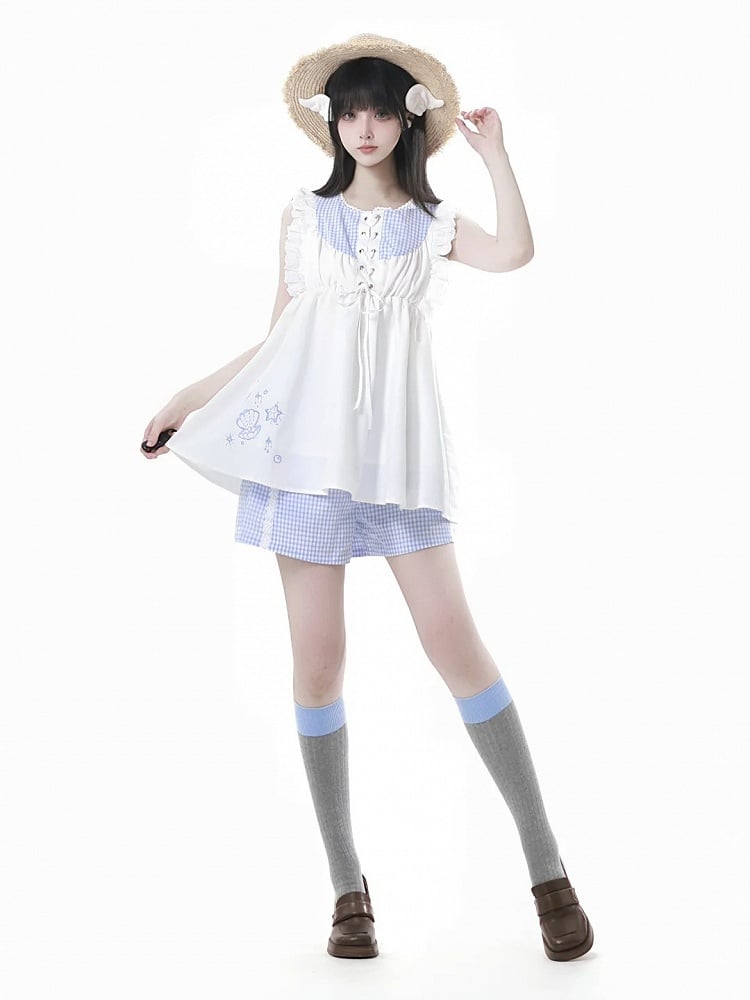 Flutter Sleeves Top and Plaid Seashell and Starfish Embroidery White Blue Front Lace-up
