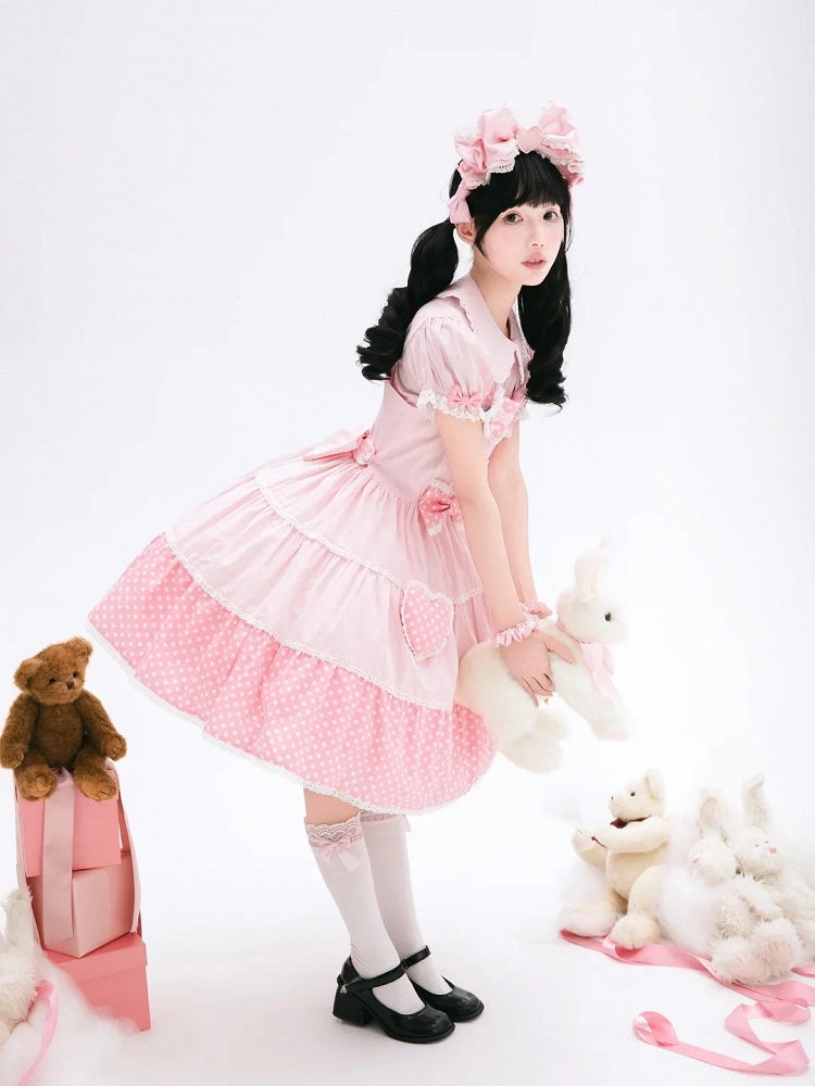 Cotton Old Polka Pink Dots School Dress Lolita White