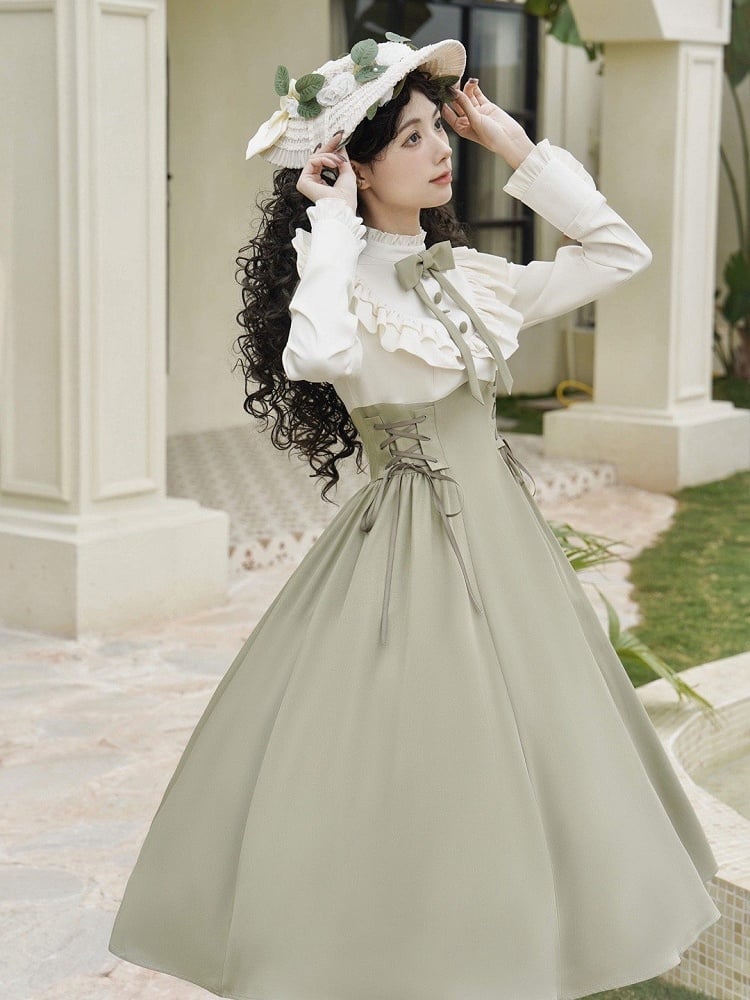 Light Green and Beige Ruffle Neckline Long Sleeves Spring Classic Lolita Dress Fake Two-pieces