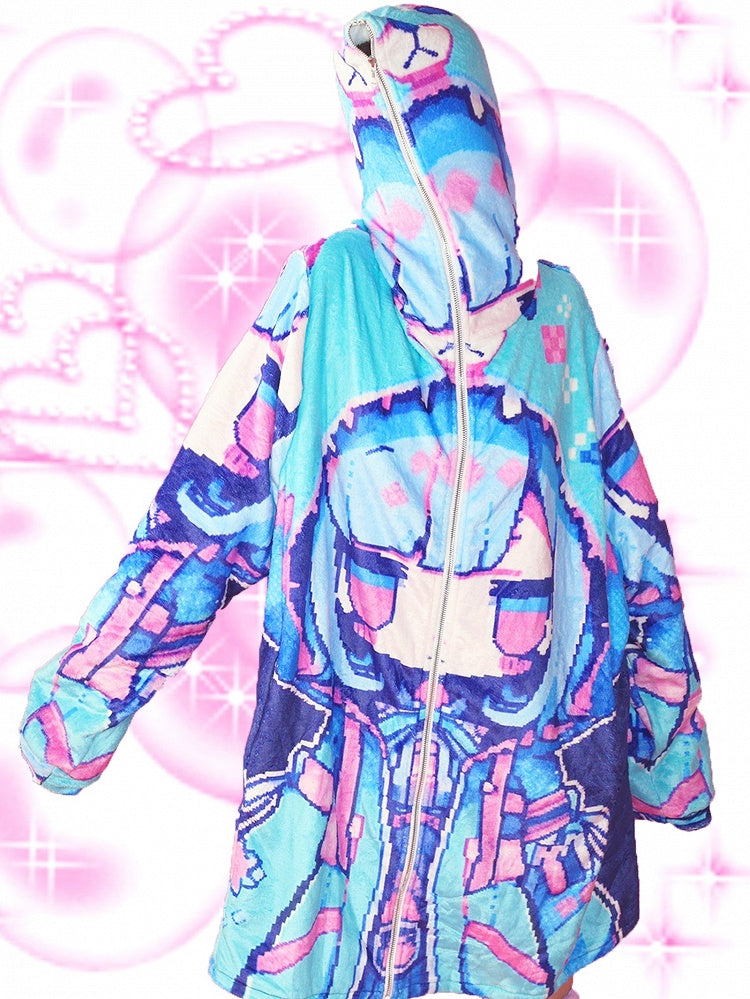 Blueberry Y2K Blaue Kapuzenjacke mit Bären-Print, Cartoon