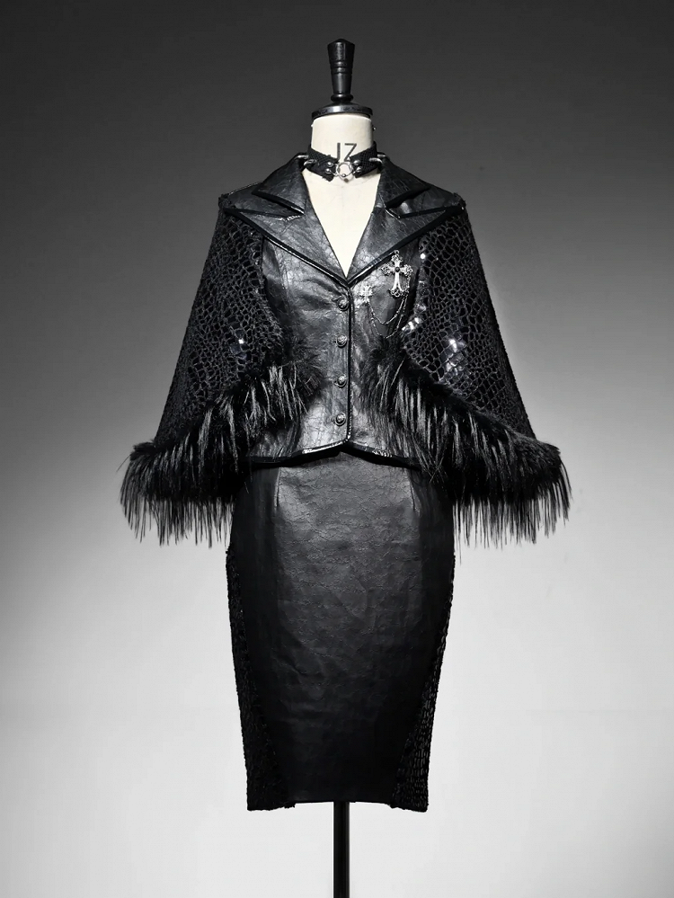 ブラックのシャープアングルノッチカラーオフィスレディふわふわヘムラインケープブレザー