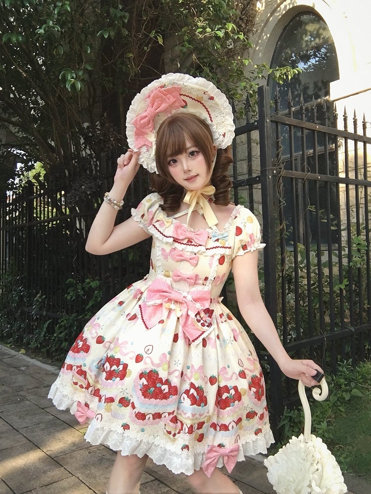 Lolita Short One White Sleeves Piece Sweet Dress Creamy Strawberry Print Cute Cake