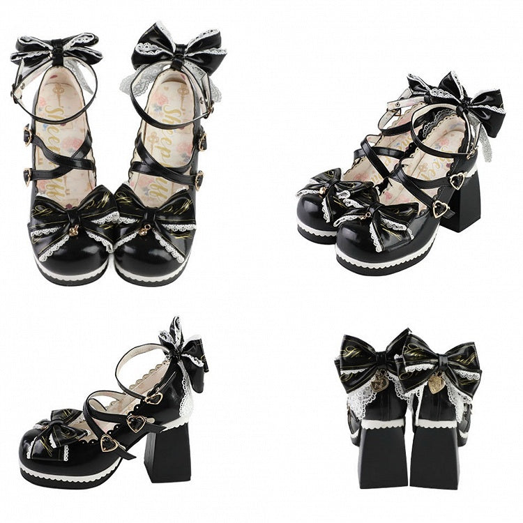 Crisscross Design Heels Bow High Top Block Black Heart Buckles Detachable at