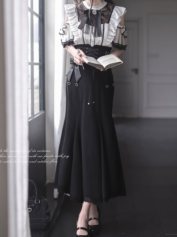 Lace-up Front High Waist Mermaid Skirt with Jirai Kei Black