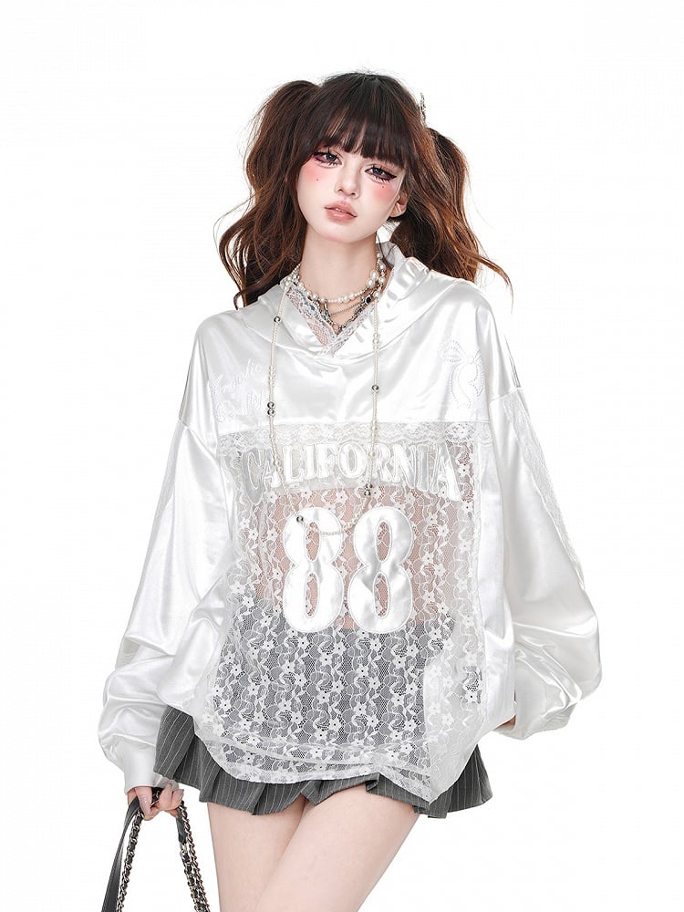 Black/White Bowknot Embroidery Contrast Lace Patches Loose Hoodie