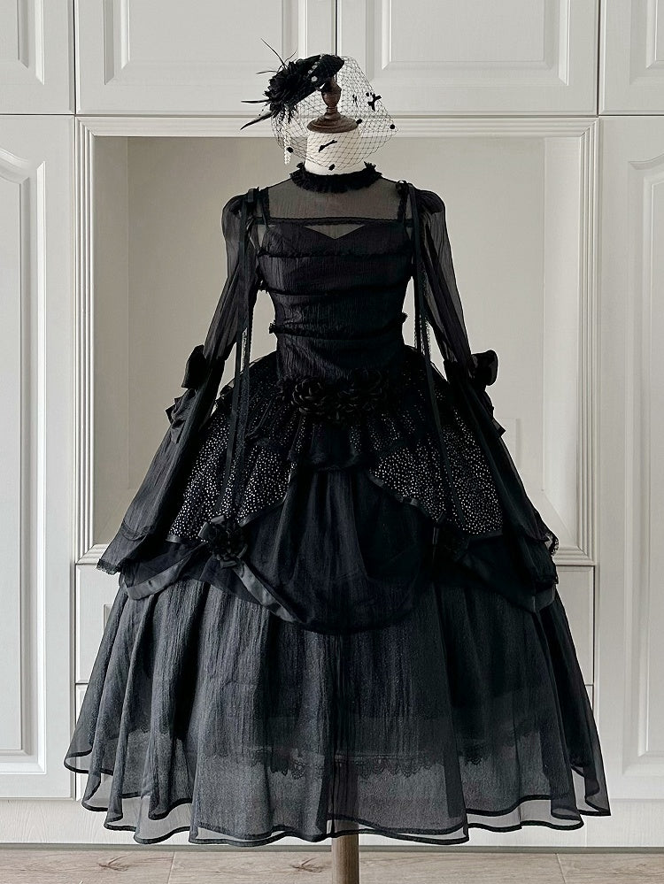 Spaghetti Elegant JSK Dress Lolita Black Straps Full Layered Kuro Set Shimmering