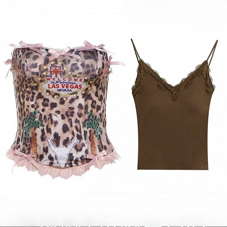 Strapless Leopard Pattern Top Padded Cups Cami Brown Pink With