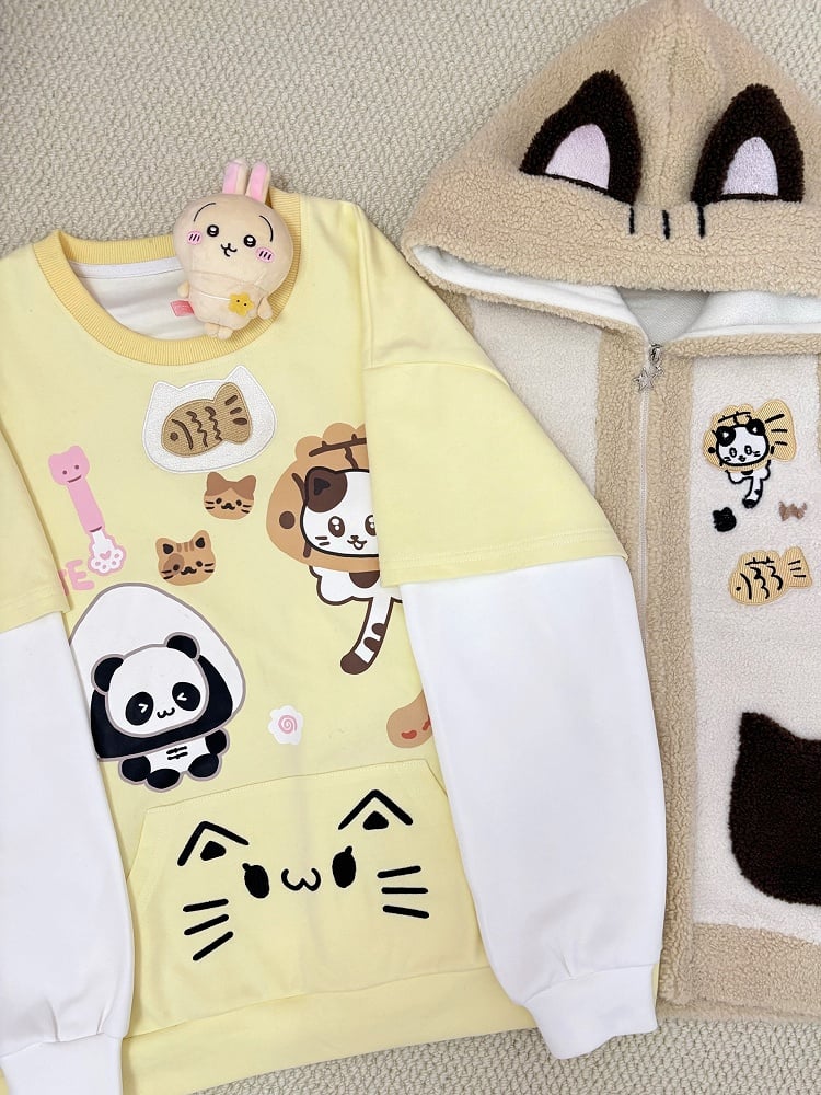 Cozy Khaki Kitty Ear Hood Fleece Vest with Taiyaki and Cat Embroidery Adorable Cat Pockets