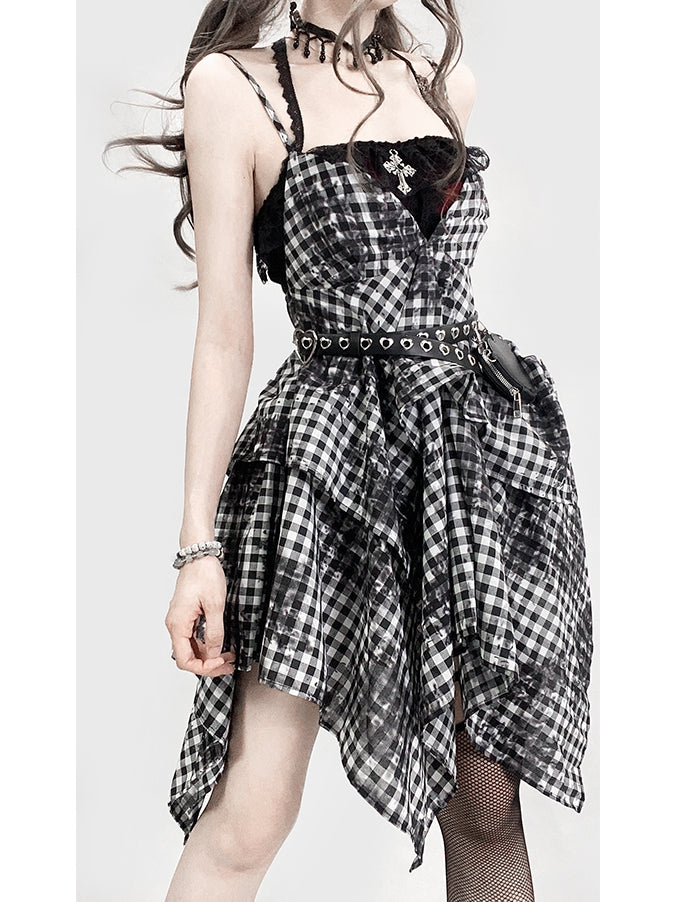 Glamorous Tiered Cross Top Plaid Details Bittersweet + Red Skirt Dye Black Tie Set- Dress Cami