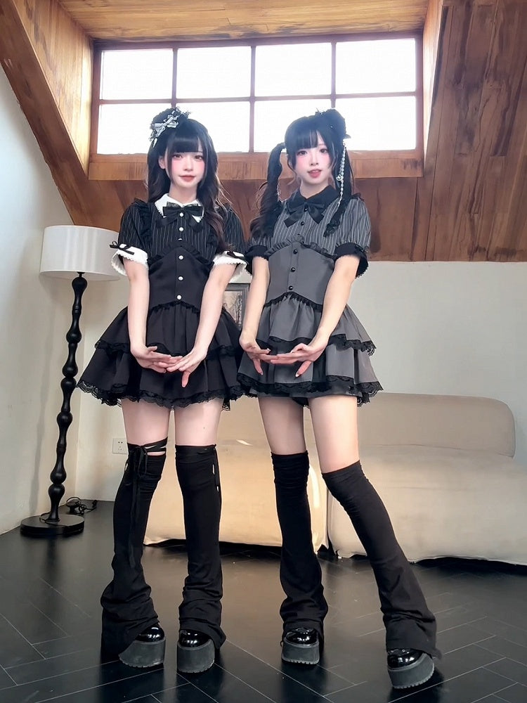Shorts Gray and Faux Lace-Trimmed Two-Piece Style Jirai Striped Layered Dress Outfit: Kei