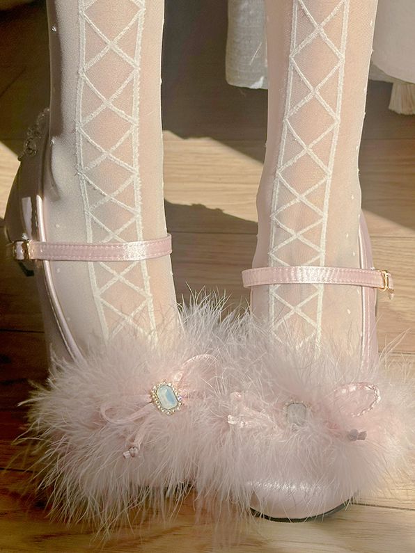 Light Pink Feather Rhinestone Bow at Top Mary Janes with Beaded Chain