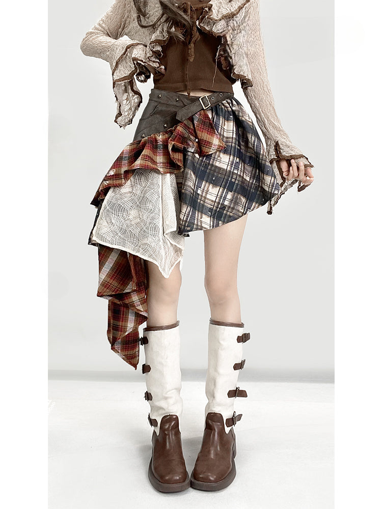 ヴィンテージレッドチェック柄ローウエストアシンメトリーヘムグラマラススカート