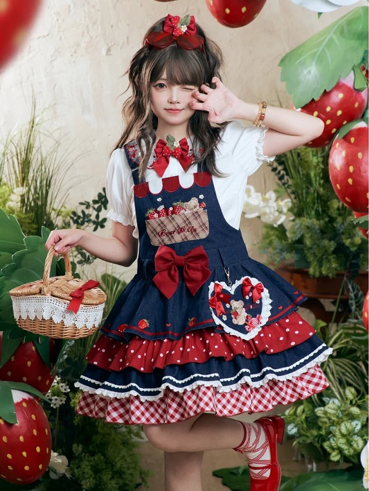 Trim Bear and Strawberry Embroidery Bows Navy Blue Lace Ruffled Heart-Shaped Charm