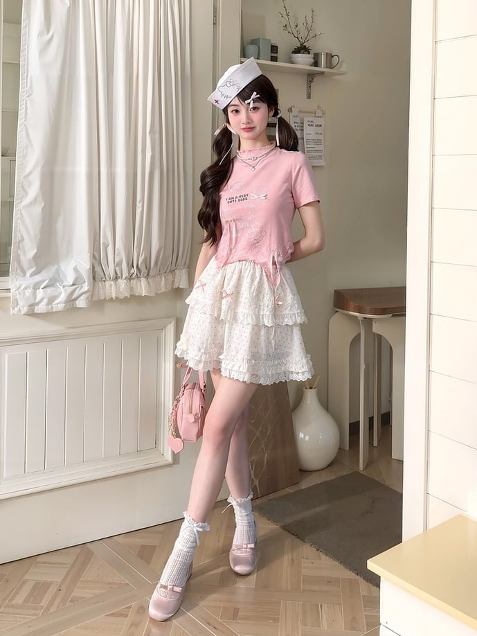T-Shirt Hem Curved Pink Ruffle Neckline Teddy Bear Rhinestones Bowknot Accents
