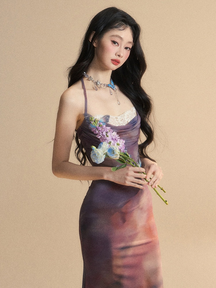 Accents Halter Purple Slip Dress Patches Butterfly Lace Neck Glamorous