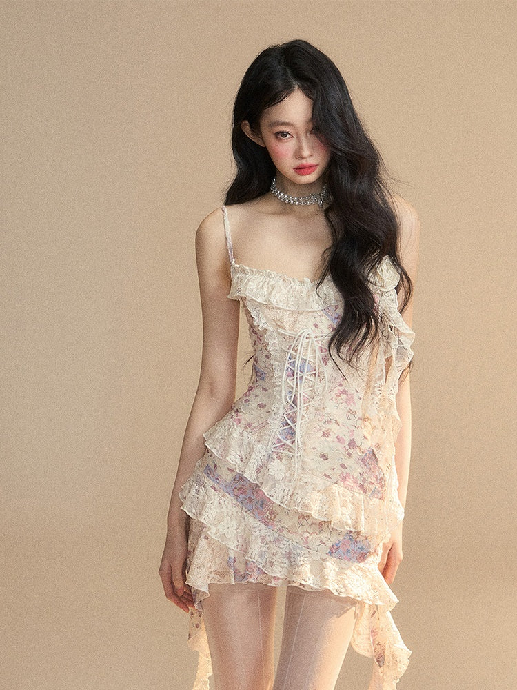 Dress with Lace-up Detail Hem Floral Apricot Ruffled at Slip Asymmetrical Front