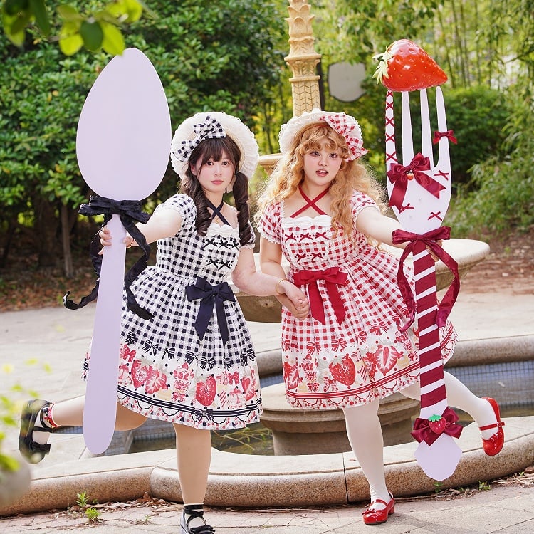 Black Strawberry Print Plus Lolita Gingham and Dress Bow Size