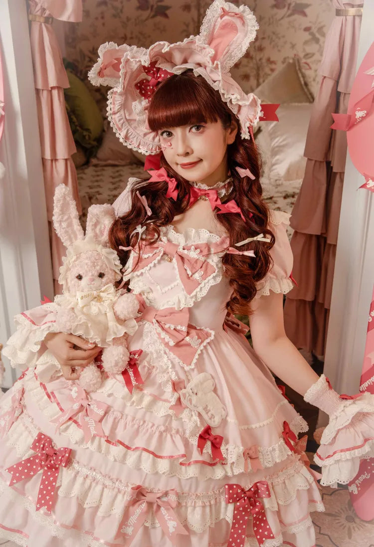 Ruffle Accents Bow Sweet Theme Bunny Piece One Dress Princess Pink Lolita