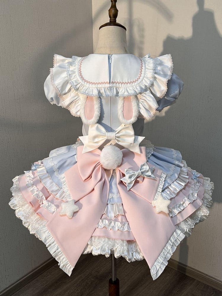 Lolita Blue Bunny Pink Maid and Puff Theme Sleeves Dress Sweet