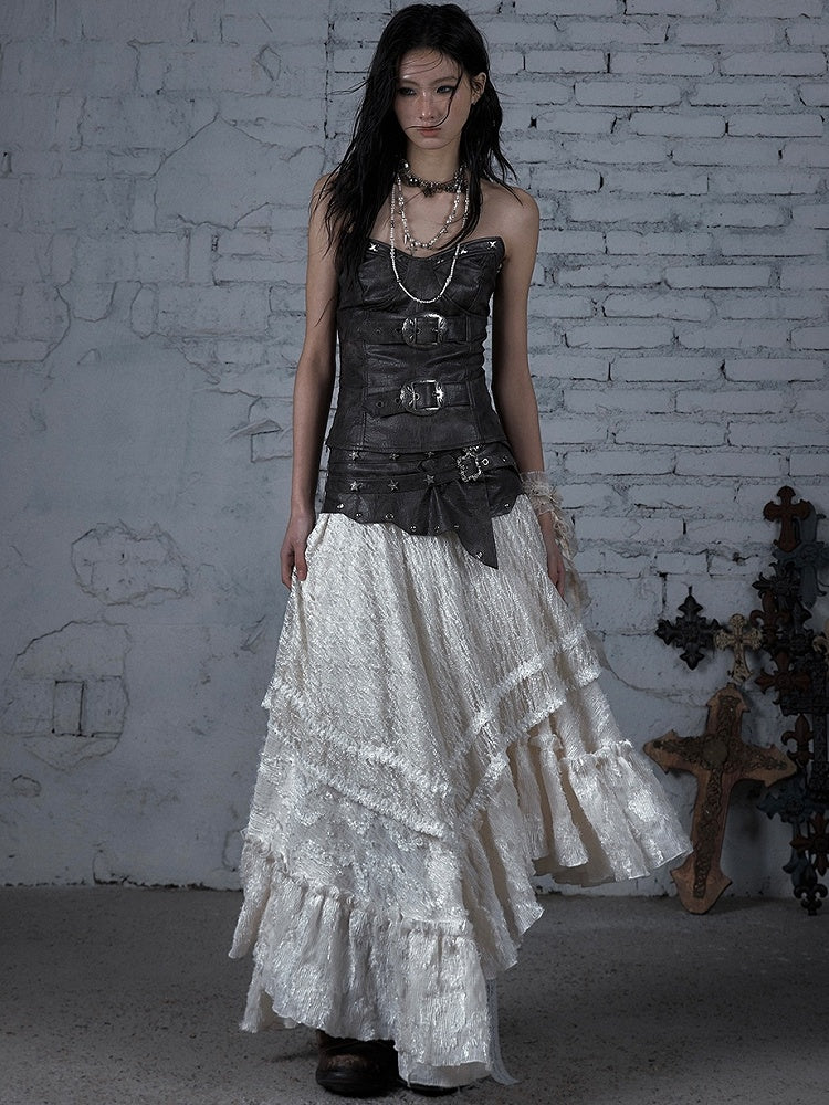 Star Wasteland White Punk Waistline Skirt Flounce PU Asymmetrical Studs Hem