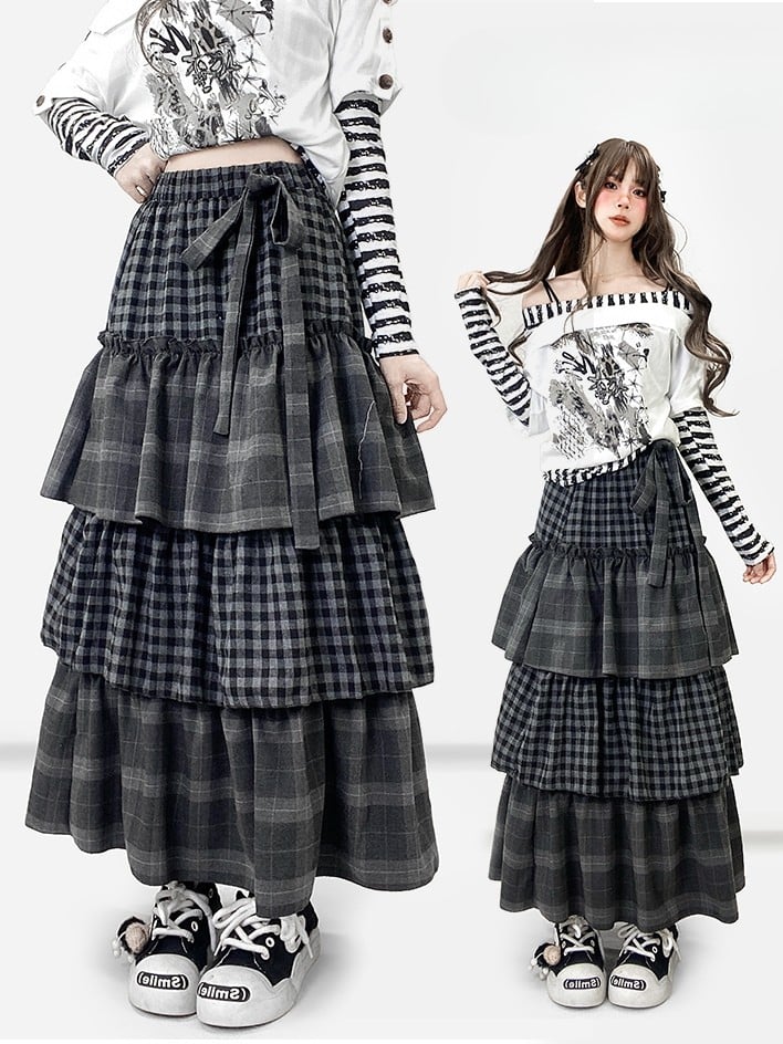 Self-tie Dark Strap Tiered Plaid Gray Pattern Skirt Bittersweet