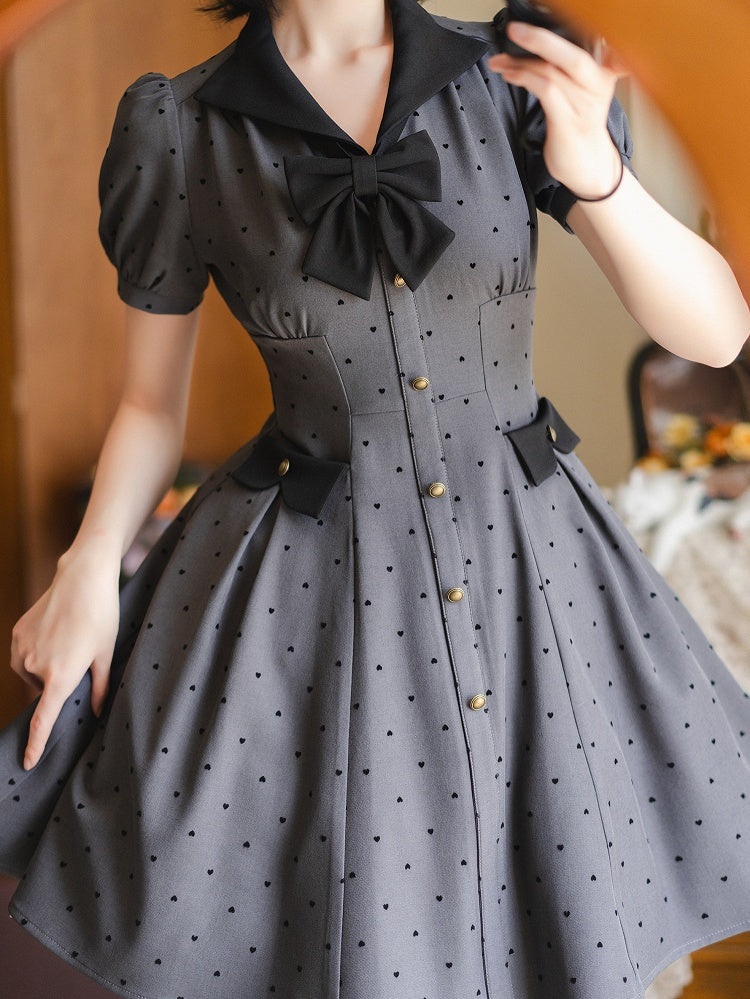 Black Gray Puff Dark Dress Sleeves Small Heart-shaped Pattern Fashion Retro