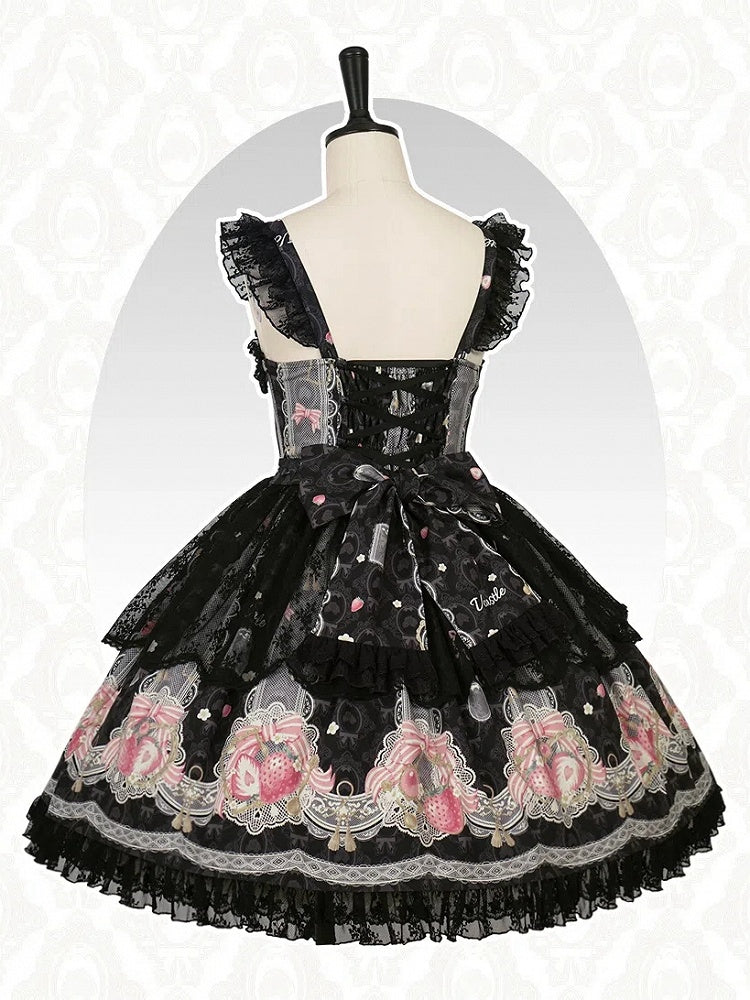 Lolita Sweet Black Strawberry Jumper Print Skirt