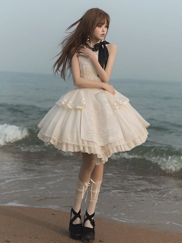 Lolita Halter Creamy Detail Embroidery Classic Delicate Backless Neck Dress