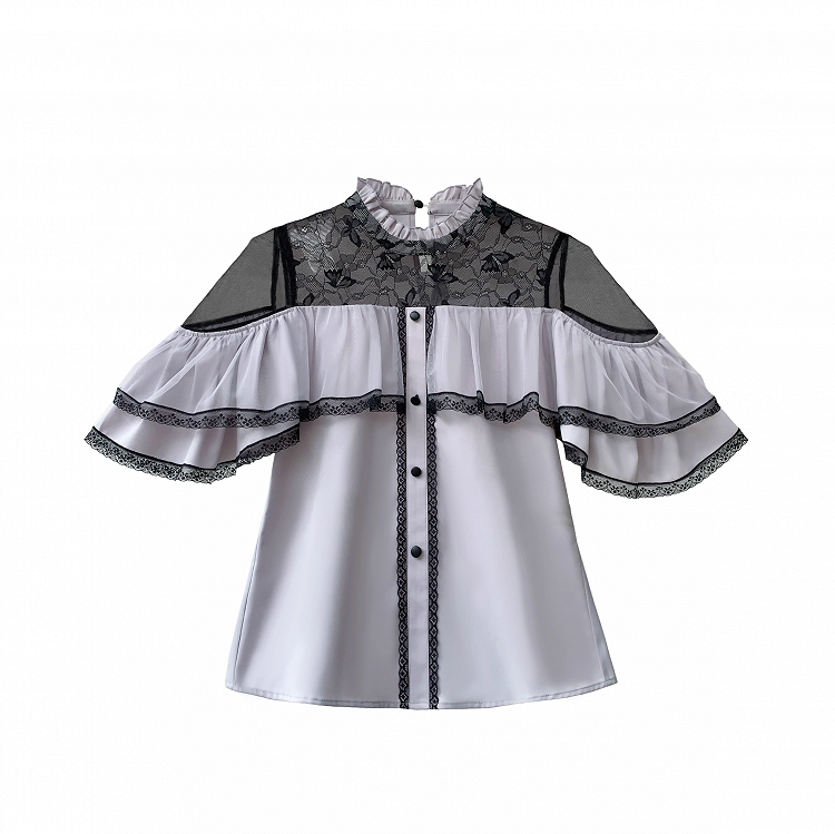 with Contrast Trim Jirai Kei Black Illusion Neckline and Purple Lace Cape Design Top