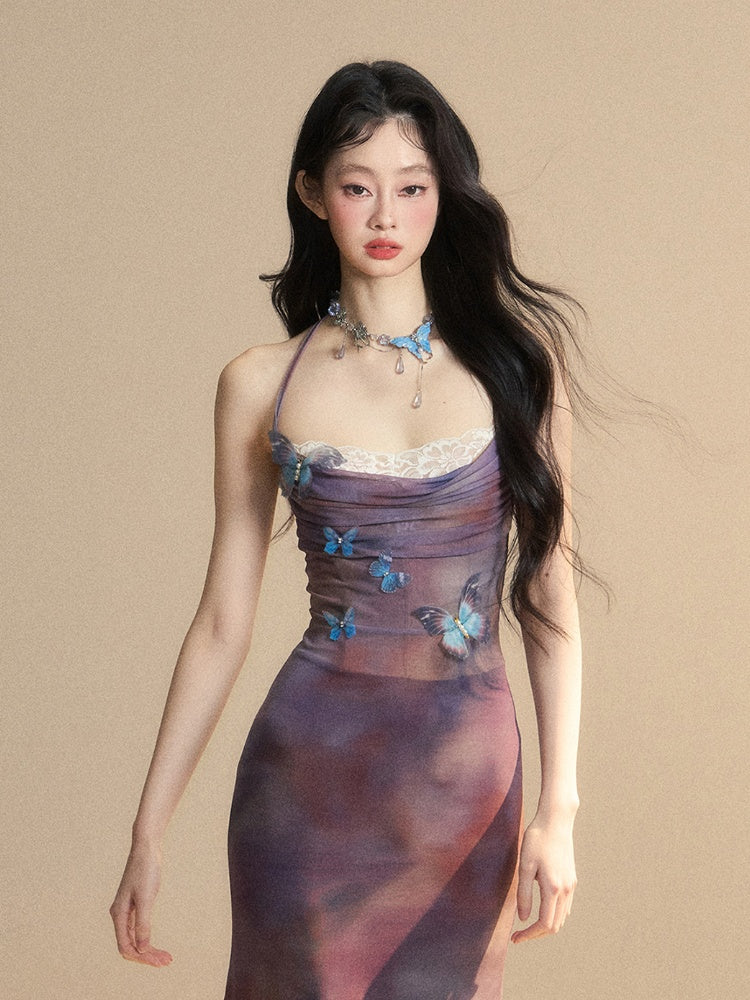 Accents Halter Purple Slip Dress Patches Butterfly Lace Neck Glamorous