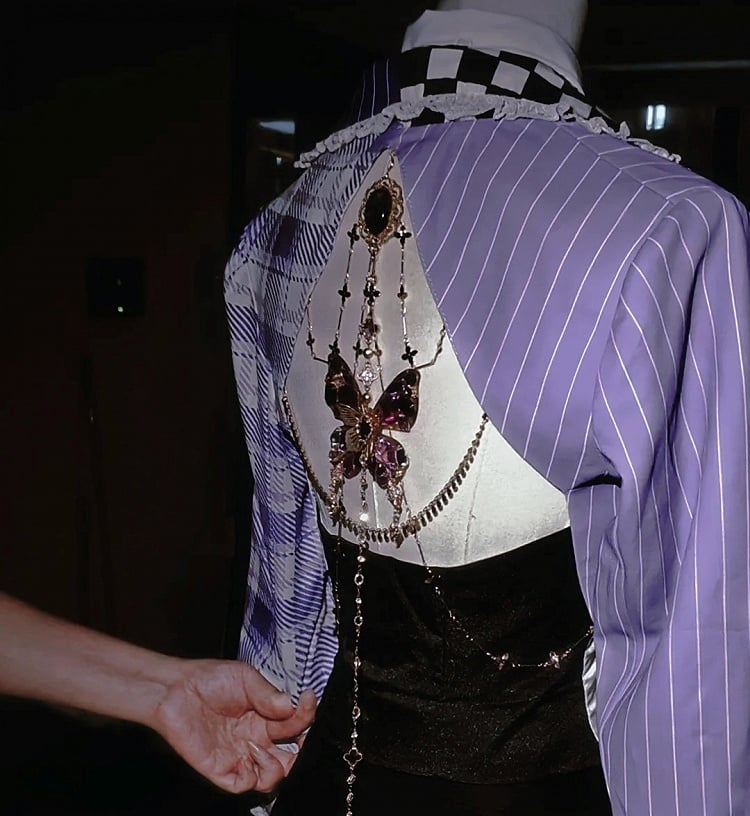 Waistcoat Tops - Blazer Cropped Ouji Set Half-plaid Half-stripes Purple Lolita Half-black + Half-white Backless Pattern
